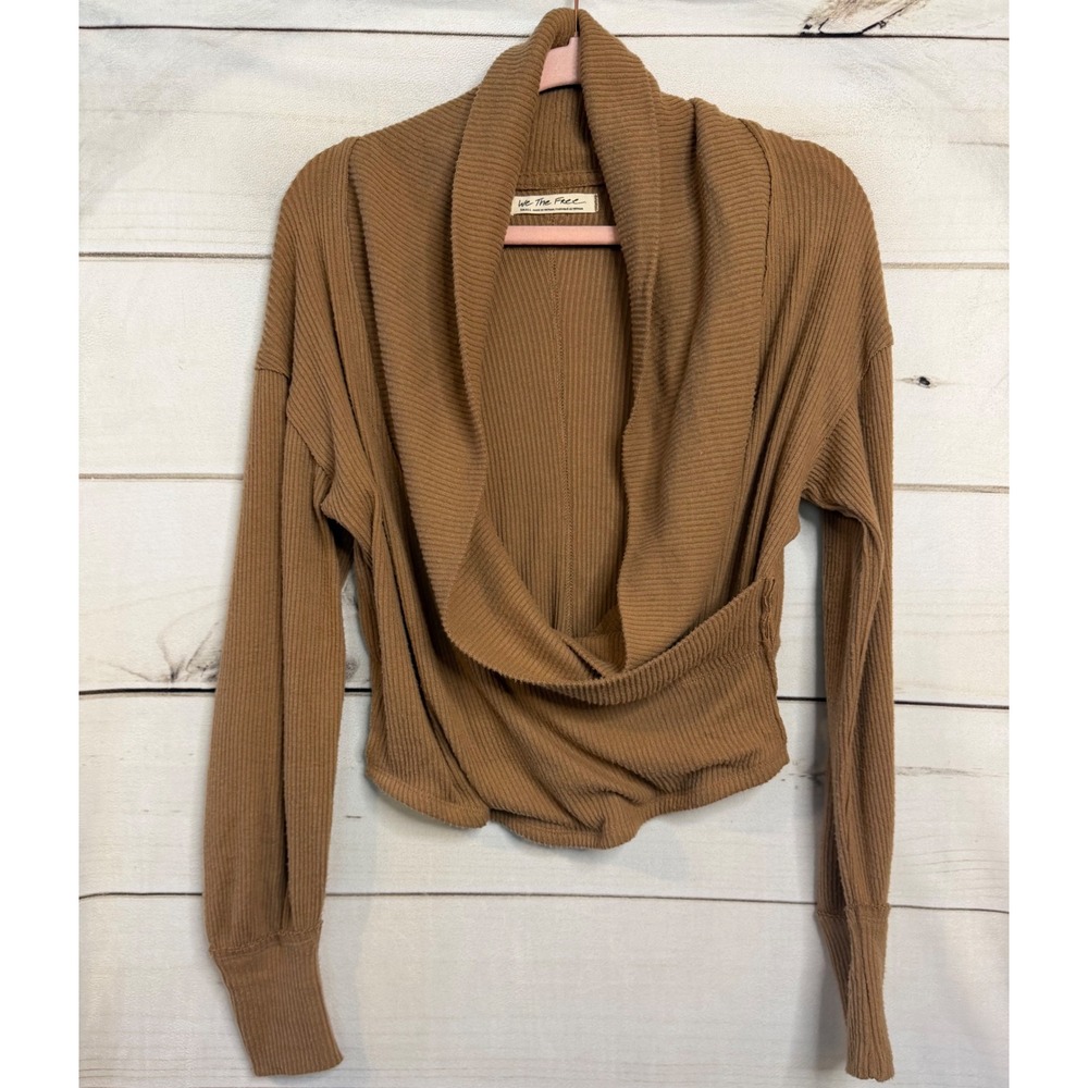 We The Free Free People Brown Ribbed Draped Cowl Neck Wrap Top OB163 Small‎